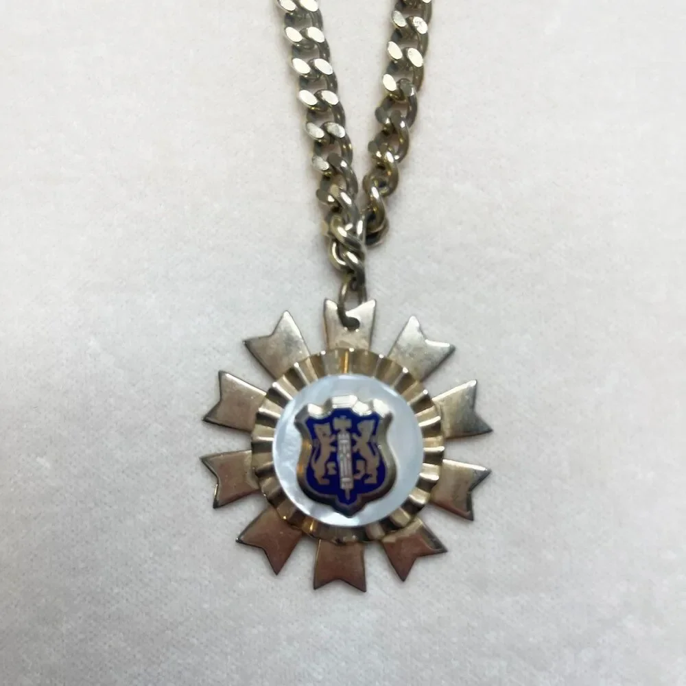 Vintage Fraternal Pendant Necklace Blue Crest Heraldic Lion Crest Medal Silver